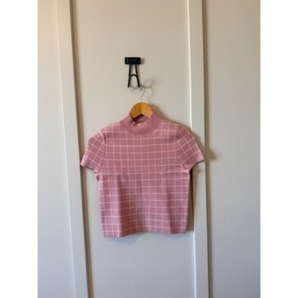 Maeve Anthropologie Pink Windowpane Mock Neck Short Sleeve Sweater XSP spring